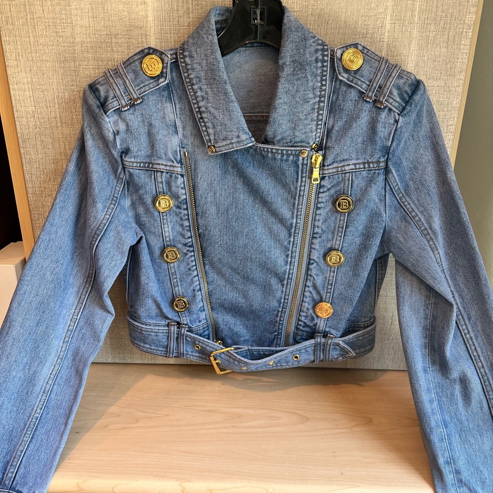 Balmain Blue Jean Jacket with Gold Accents